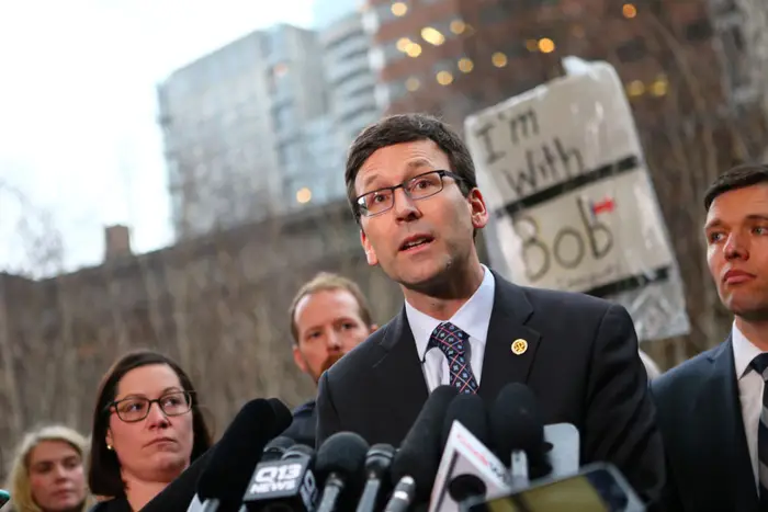 Washington state Attorney General Bob Ferguson speaks at a press conference outside U.S. District Court, February 3, 2017 <br>